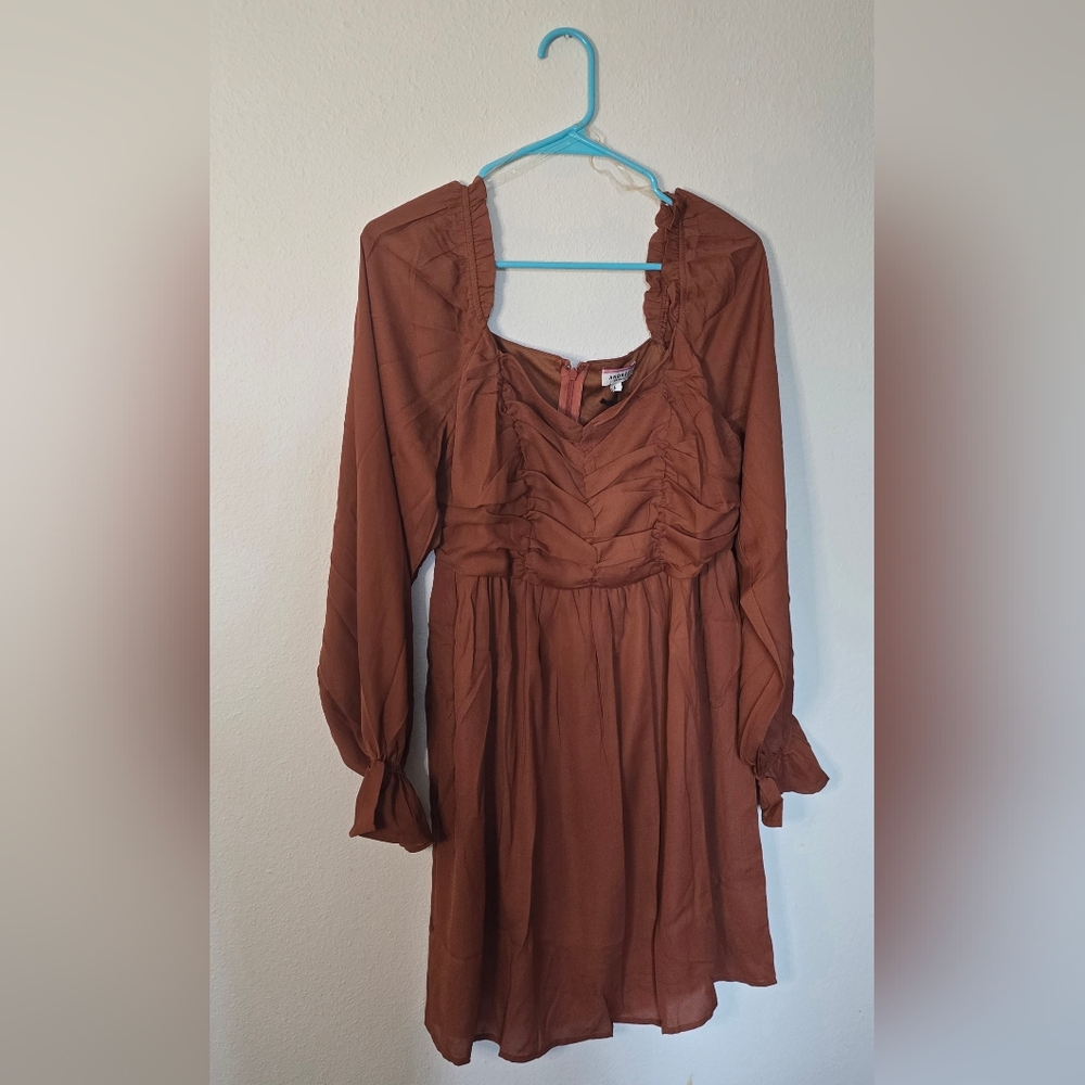 Andrée By Unit Brown Long Sleeve Ruffle Boho Mini Fall Dress New Size Large